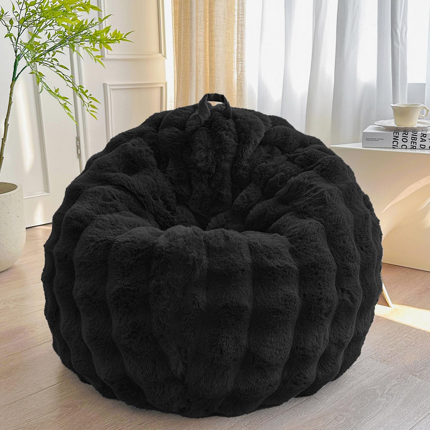 LIFEREVO Kids Fluffy Faux Rabbit Fur Bean Bag Chair Cover, No Filler, Black