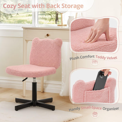 LUE BONA 360° Swivel Vanity Stool with Bear Ear Backrest, Height Adjustable Teddy Velvet Dressing Table Chair, Pink