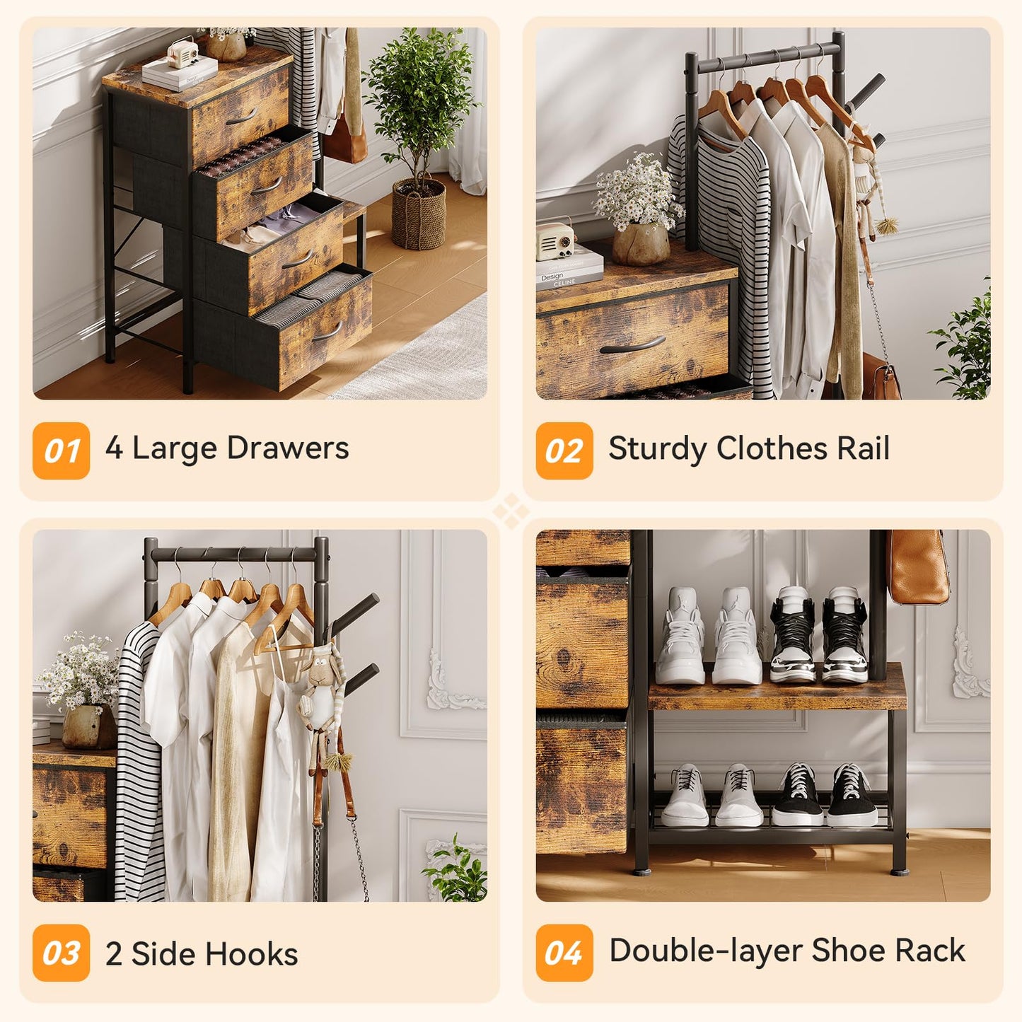 ODK 3 in 1 Chest of Drawers Bedroom, 4 Fabric Drawers, Retro color