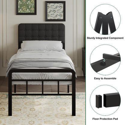 EMODA Small Single Bed Frame with Upholstered Headboard and Footboard