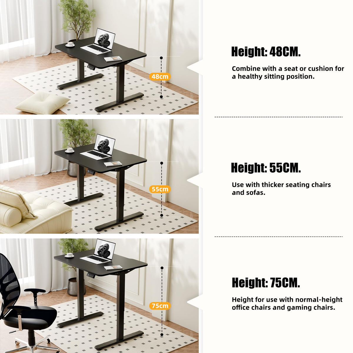 ERGOMAKER Low Height Electric Standing Desk, Lifts 48-75cm, 80x60cm, Black