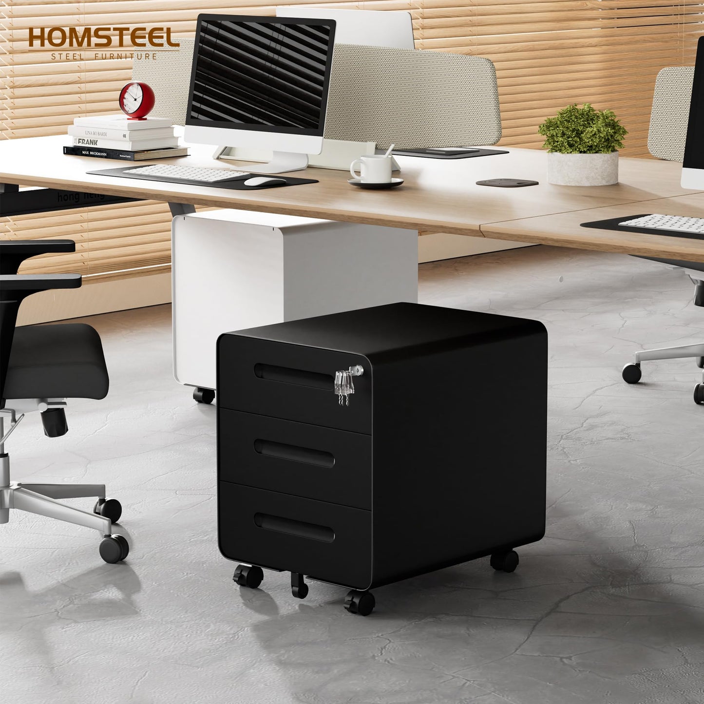 HOMSTEEL Mobile File Cabinet, Metal Filing Cabinet with Lock, 4 keys, 3 Drawers, Rounded Corner, Pre-assembled, for Office, Home office, Black