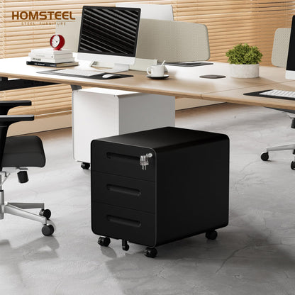 HOMSTEEL Mobile File Cabinet, Metal Filing Cabinet with Lock, 4 keys, 3 Drawers, Rounded Corner, Pre-assembled, for Office, Home office, Black