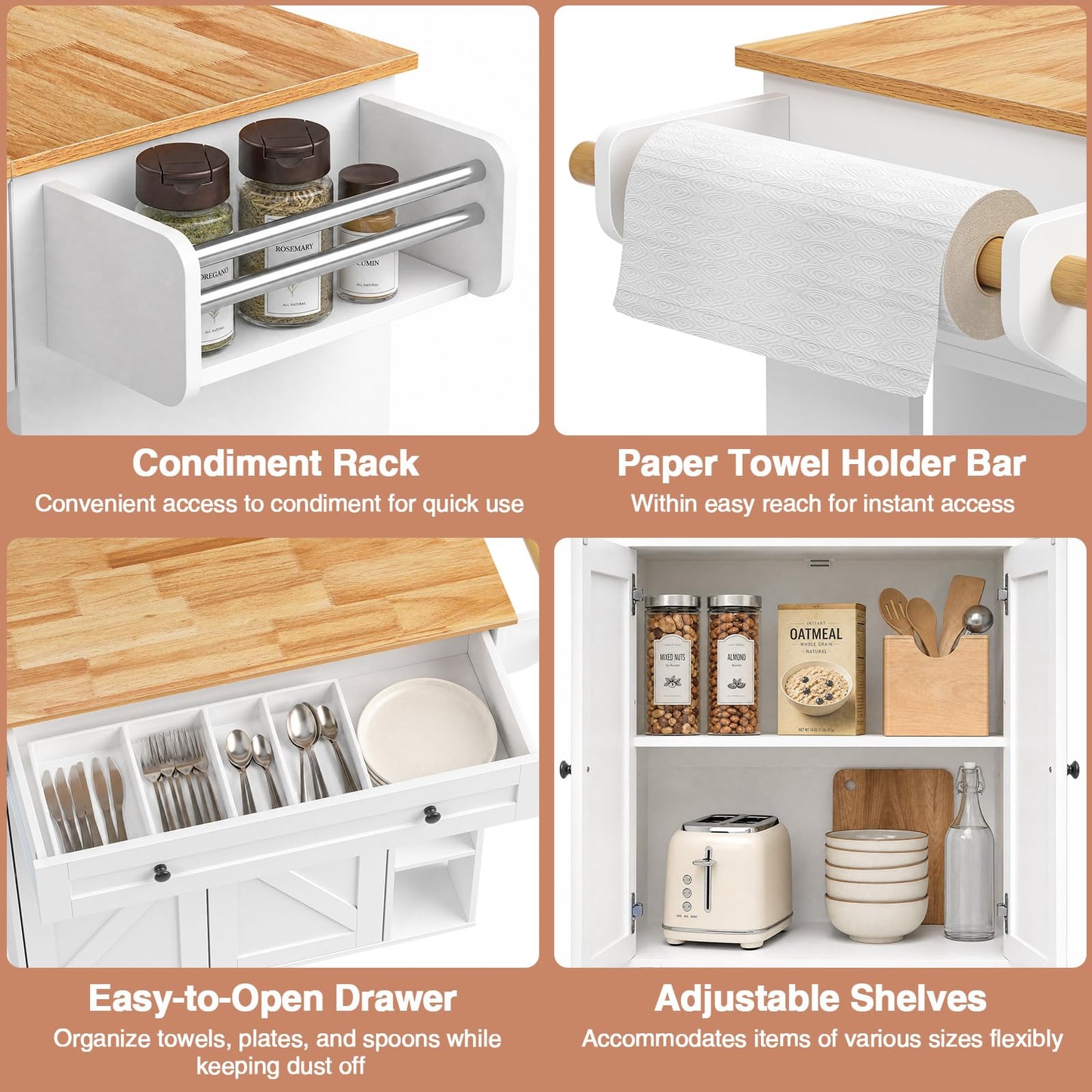 Yvsevnr Kitchen Island with Drawers on Wheels, Rolling Kitchen Island Cart with Towel & Spice Rack, Drop Leaf