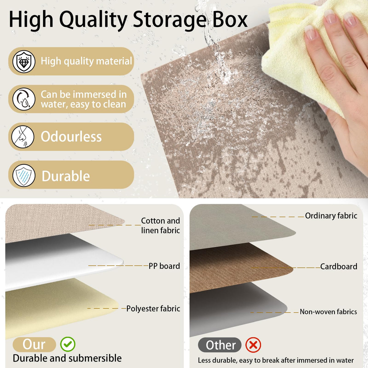 Yawinhe Collapsible Storage Boxes with Lids,38x25x25cm,Beige,3-Pack