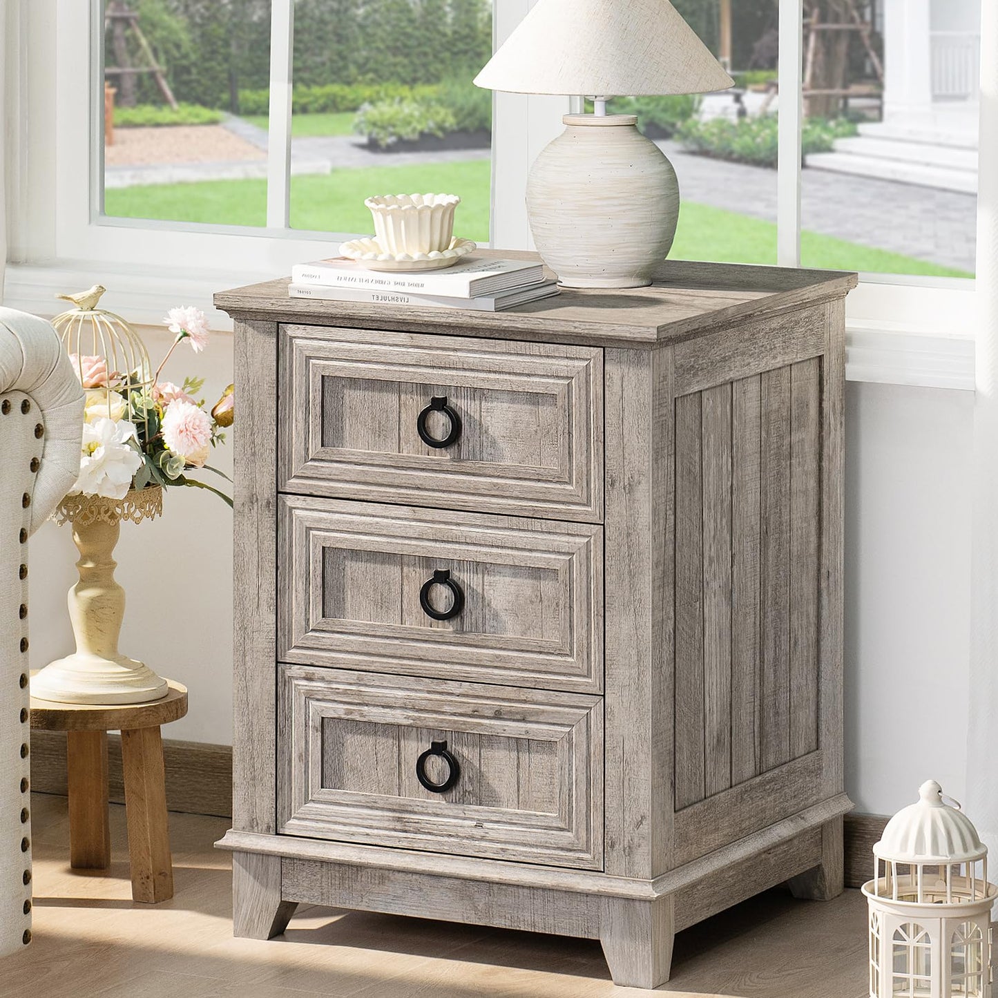 46 cm Country Style Bedside Table with 3 Drawers, Side Table Chest of Drawers for Bedroom, Oak Wood Bedside Table, Wooden Bed Side Table with Metal