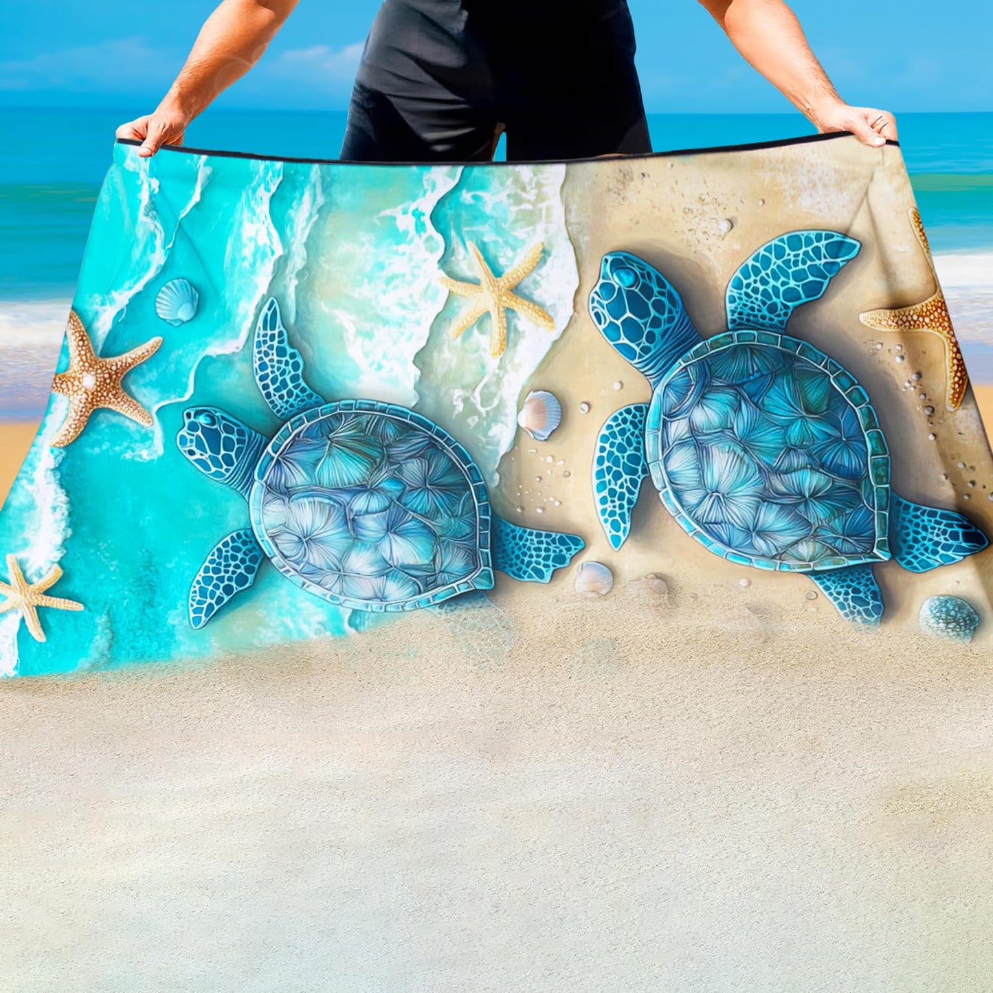 Violetpos Twin Sea Turtles & Shells Beach Towel, Extra Large 180x90 cm 250GSM Microfibre, Sand Free Quick Dry