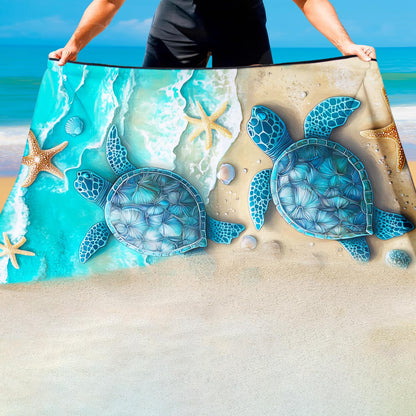 Violetpos Twin Sea Turtles & Shells Beach Towel, Extra Large 180x90 cm 250GSM Microfibre, Sand Free Quick Dry