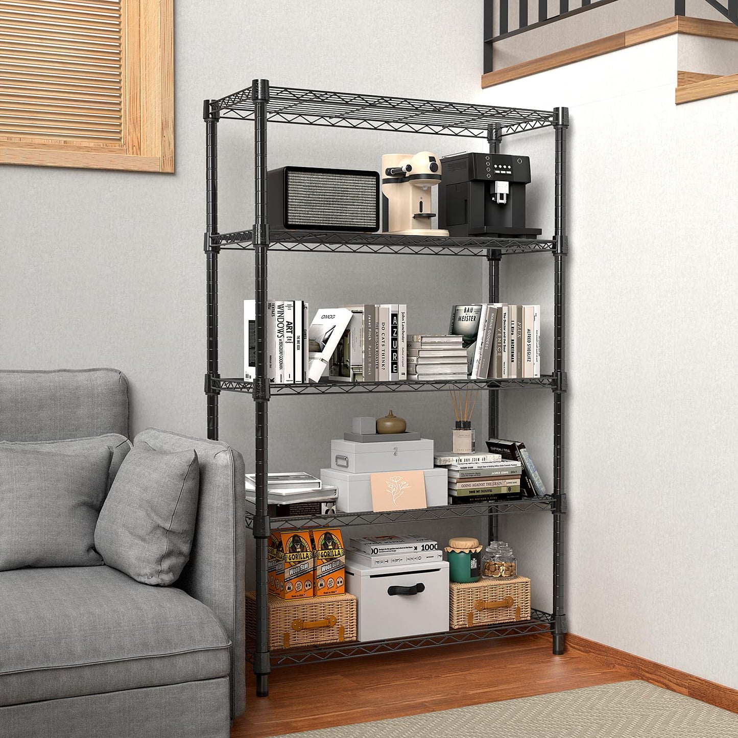 M MZG Height Adjustable Shelves,Heavy Duty Wire Pantry Shelving for Tool Sheds, Garage, and Storehouse,Metal,Black,5 tier, 35 x 60 x 158.7 cm