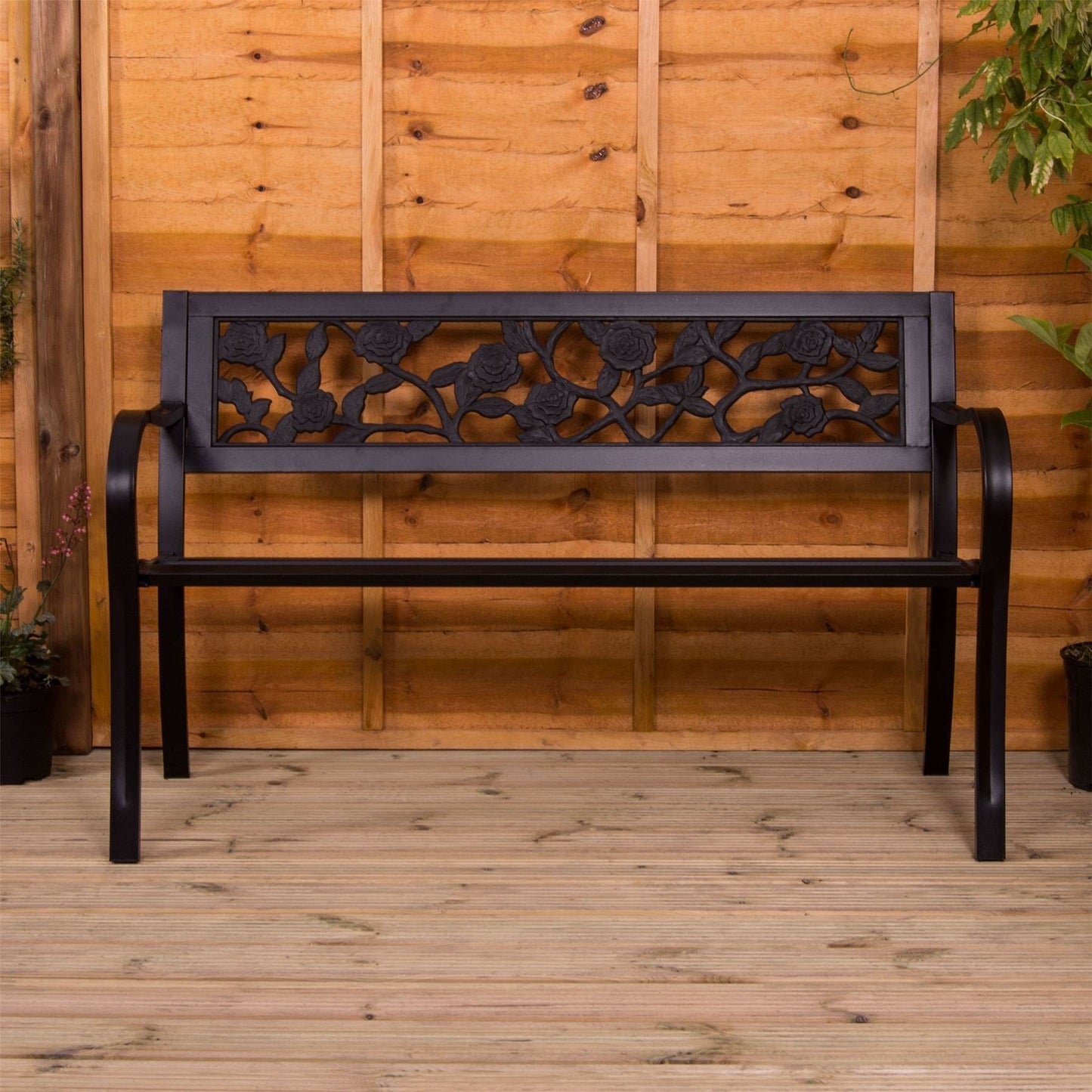 Garden Vida Steel Garden Bench, Rose Design 3 Seater Outdoor Furniture Seating Park Patio Seat , Black