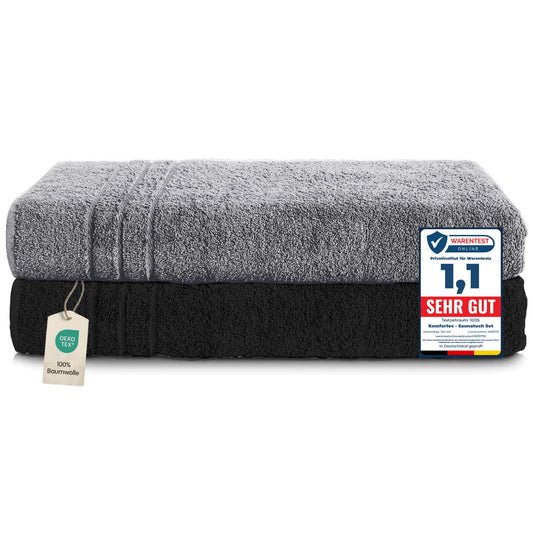 Komfortec Set of 2 Sauna Towels, 80 x 200 cm, 100% Cotton, XXL Sauna Towels, Soft, Large, Terry Cloth, Quick Drying, Anthracite Grey/Black