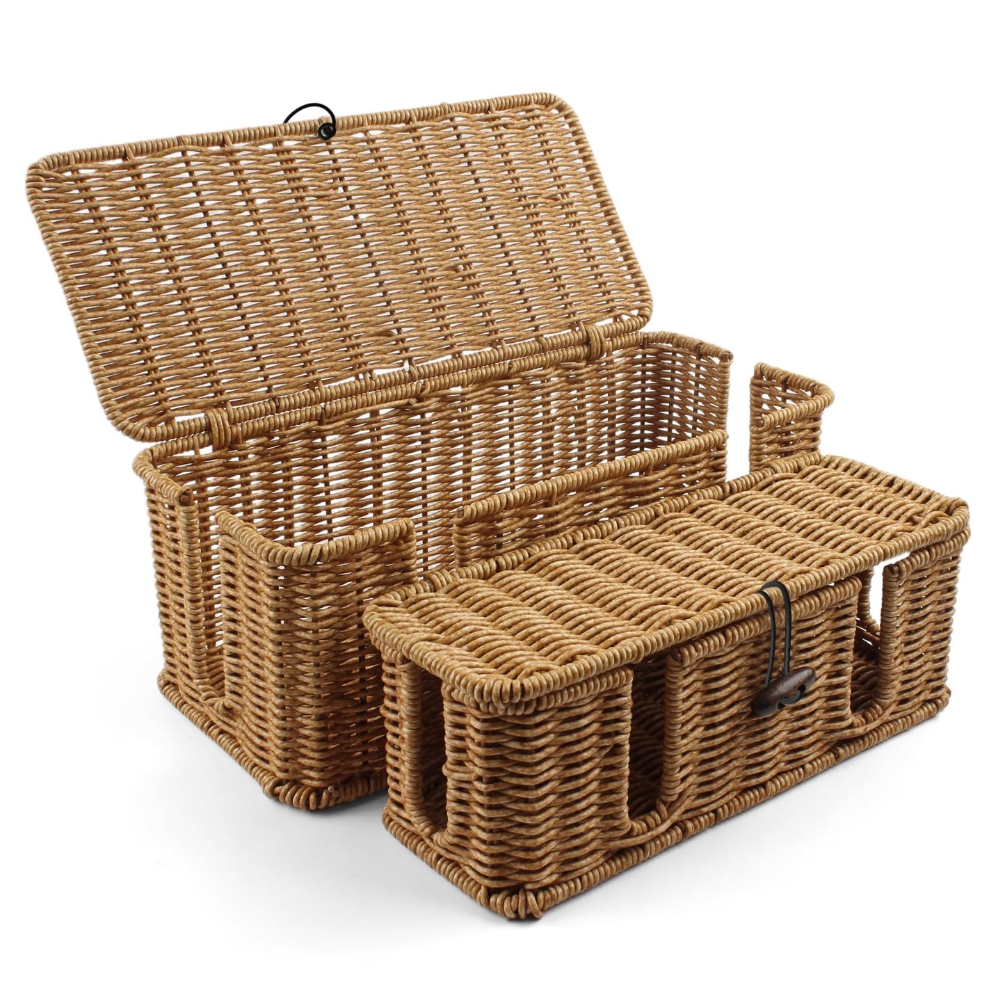 GOZOLA 2 Pack Rattan Cable Management Box, Large Cord Organizer Box with Lid Under Desk Router Hider Storage Box with 4 Exits, Wire Box Hider for TV