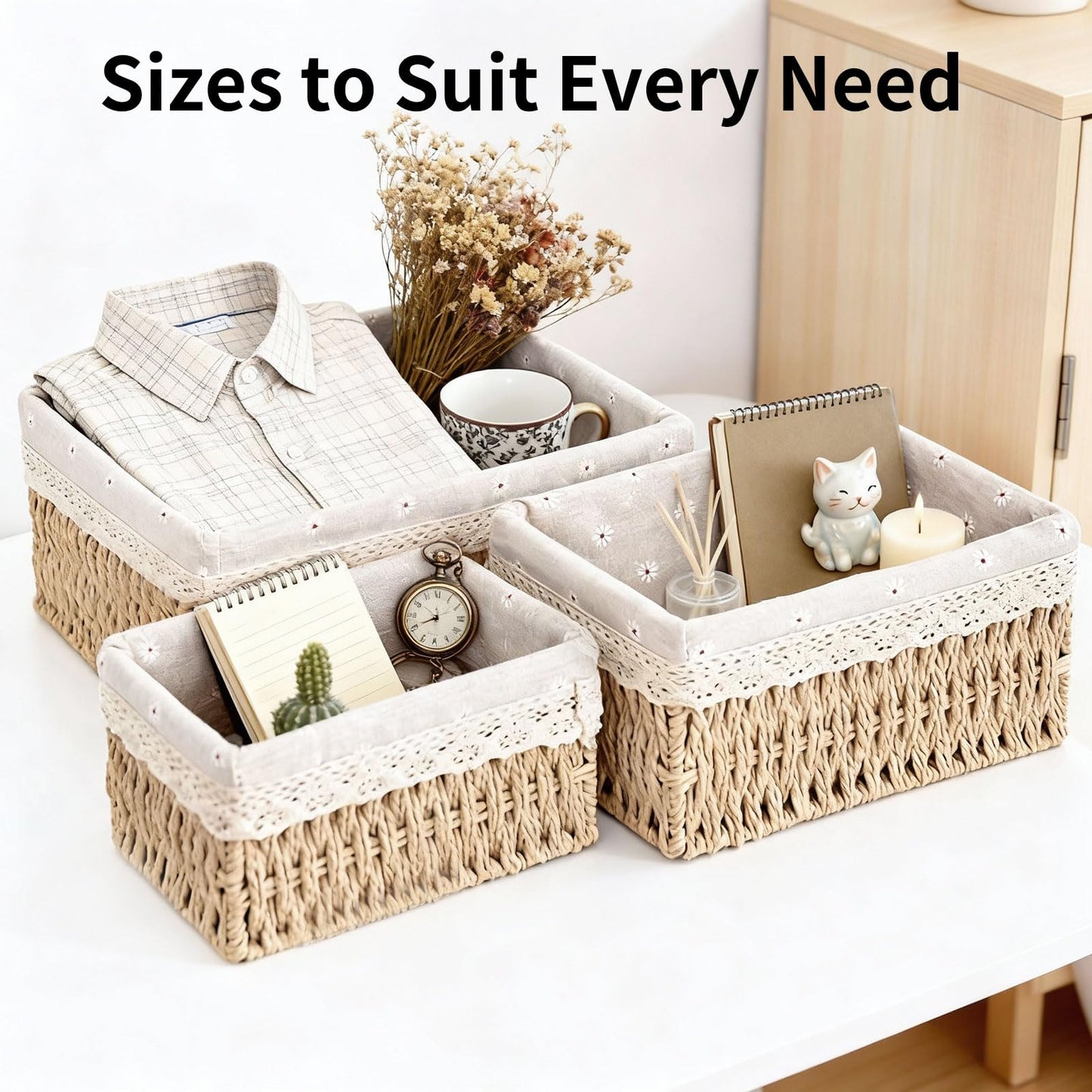 Set of 3 Storage Baskets, 3 Sizes Wicker Bathroom Basket