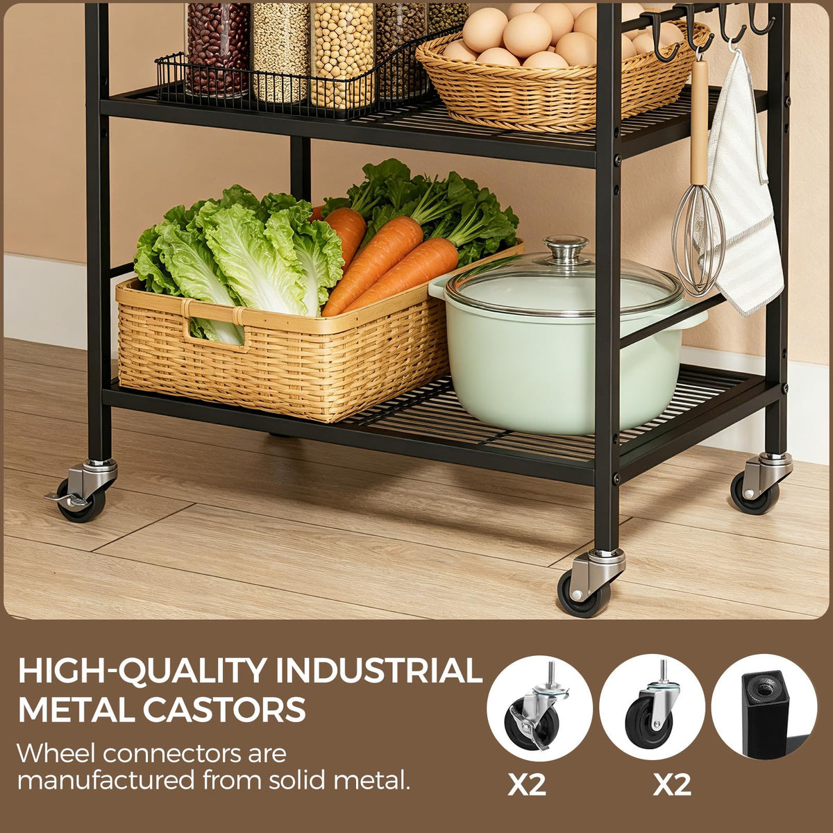 3-Tier kitchen trolley,Black Wood Top,60W×40Dcm,4 Hooks, Adjustable Shelves