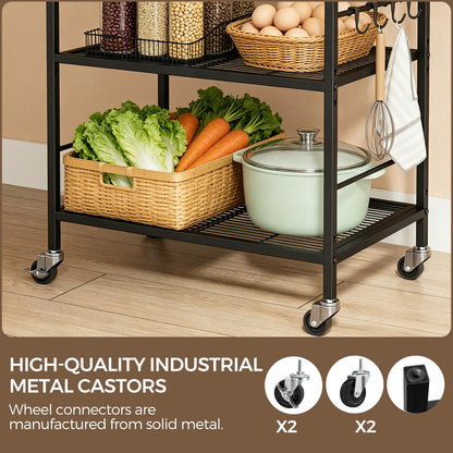 3-Tier kitchen trolley,Black Wood Top,60W×40Dcm,4 Hooks, Adjustable Shelves