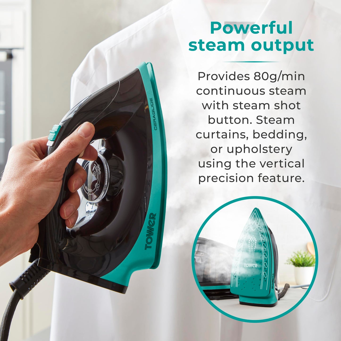 Tower T22023TL Ceraglide Steam Generator, Digital Display, 2700W, 1.2L, Teal