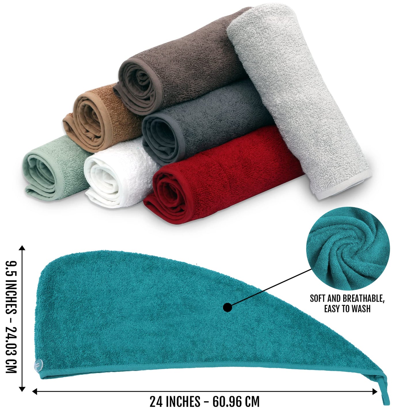 BAVIN LUXURY Hair Towel Wrap 100% Cotton, Instant Drying Lightweight Turban Cap Super Quick Absorbent Anti-Frizz Twist Toweling Dry Hat with Button