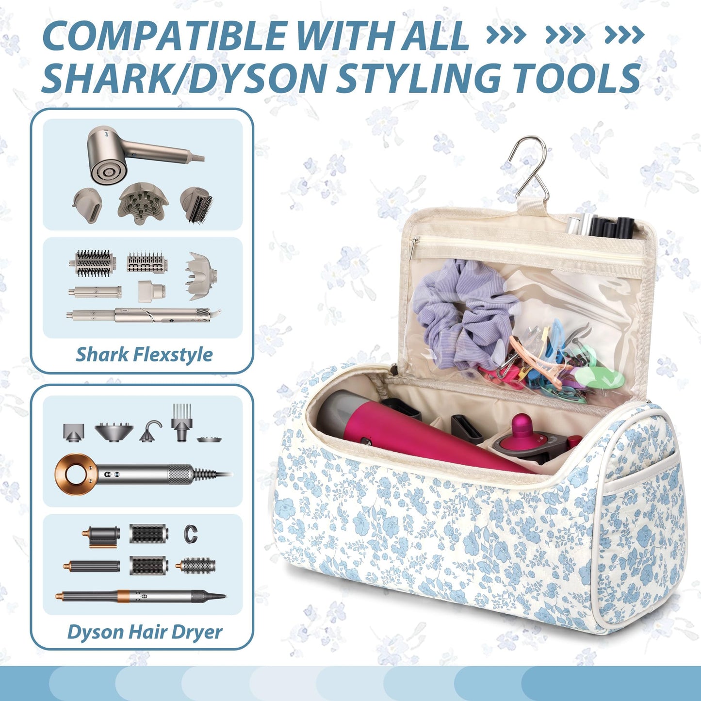 Linpr Travel Hair Dryer Bag with Hook for Dyson Airwrap Styler, Flower Blue