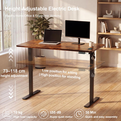 JUMMICO Electric Standing Desk 120x60cm – Height Adjustable with USB Charging, Sedentary Reminder, Memory Heights for Home Office Use, Rustic Brown