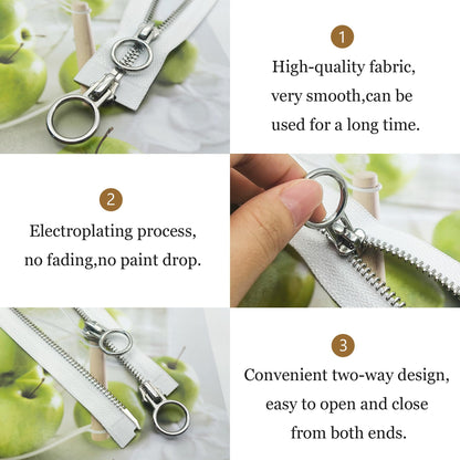 XCSJ #5 Zipper, Metal Zip, 2-Way Separable Sewing for Jackets, Coats, Down Jacket, Suitcase, Tent, Bag, DIY Sewing Craft (White, 70 cm)