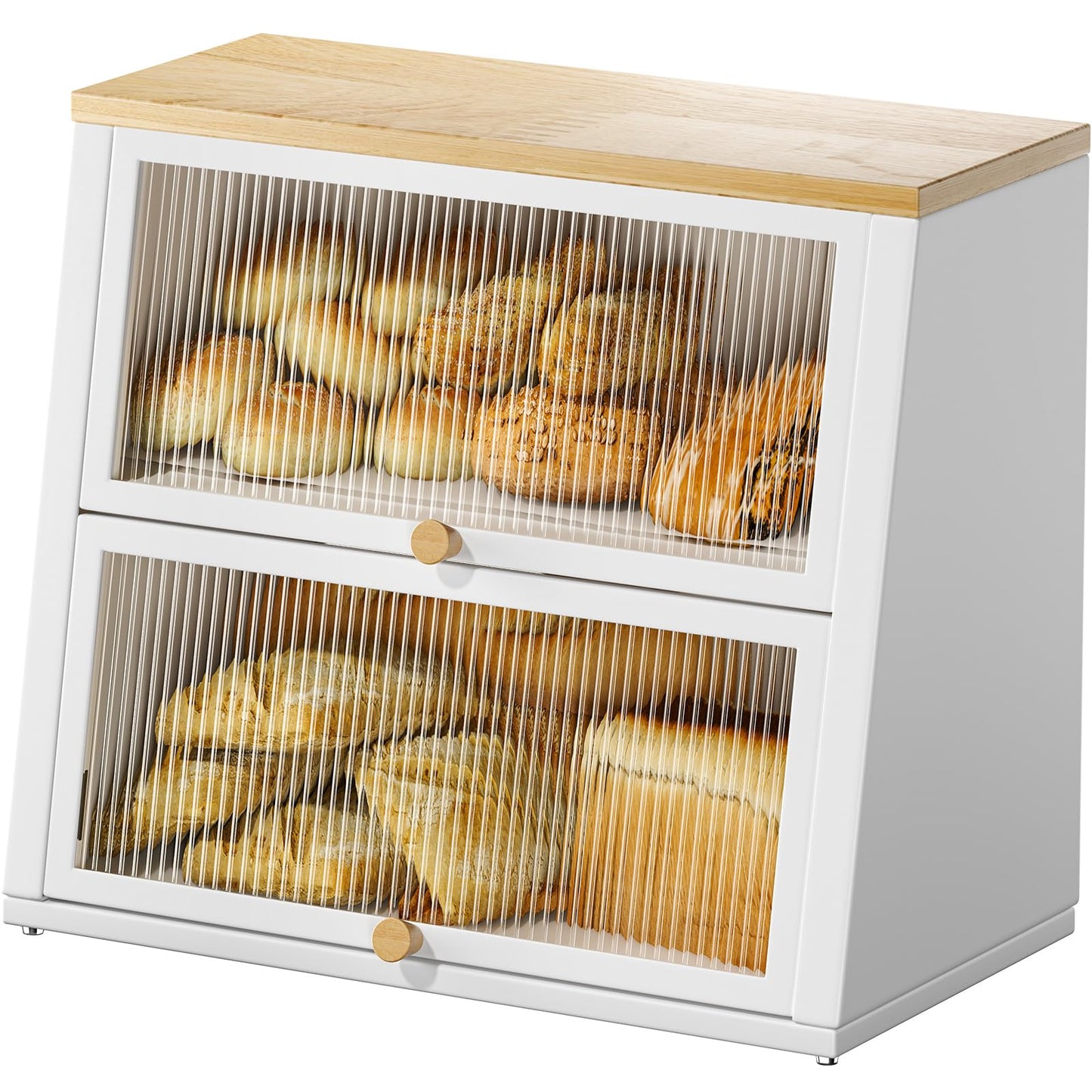 Urackify Bread Bins for Kitchen, Two-Layer Large Bread Box, White Bread Bin with Striped Window Door Panel, Bread Storage with Wood Handle, kitchen