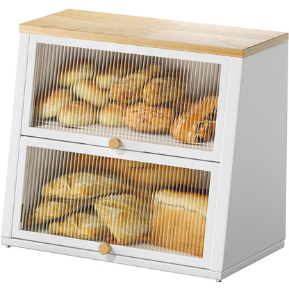 Urackify Bread Bins for Kitchen, Two-Layer Large Bread Box, White Bread Bin with Striped Window Door Panel, Bread Storage with Wood Handle, kitchen
