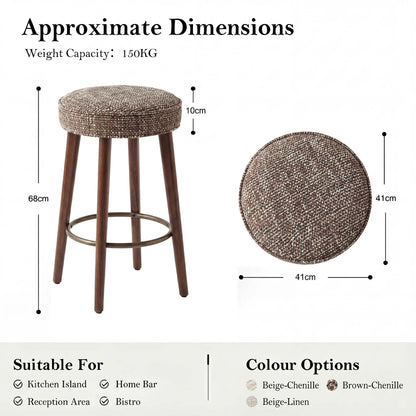 younturn Set of 2 Chenille Bar Stools, 68cm Counter Height Upholstered Kitchen Bar Chairs with Solid Wood Legs