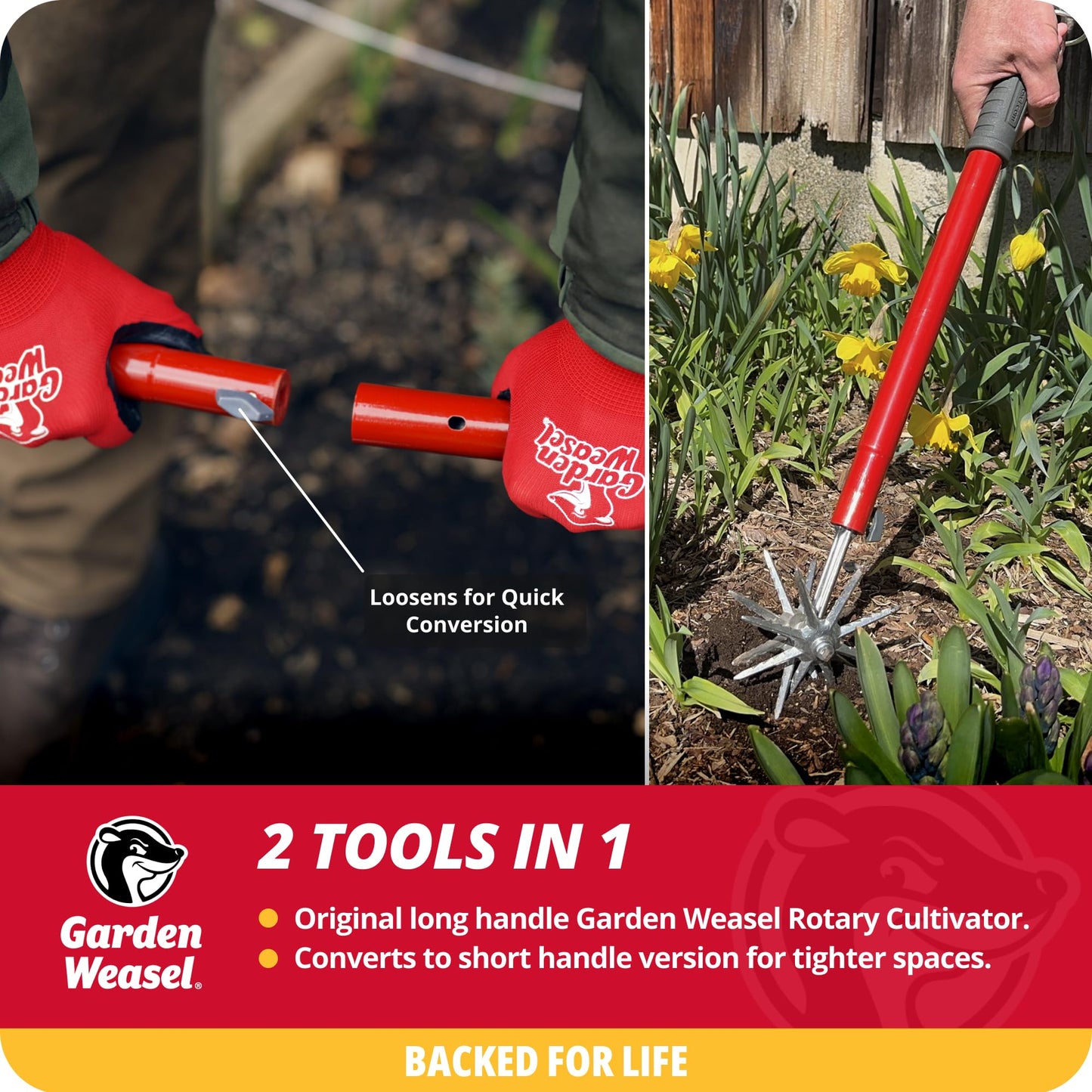 Garden Weasel Rotary Cultivator & Hand Tiller - 2-in-1 | Aerate, Weed, Cultivate, Plant, Reseed | Lawn Reseeding Garden Tool, Garden Soil Loosener |