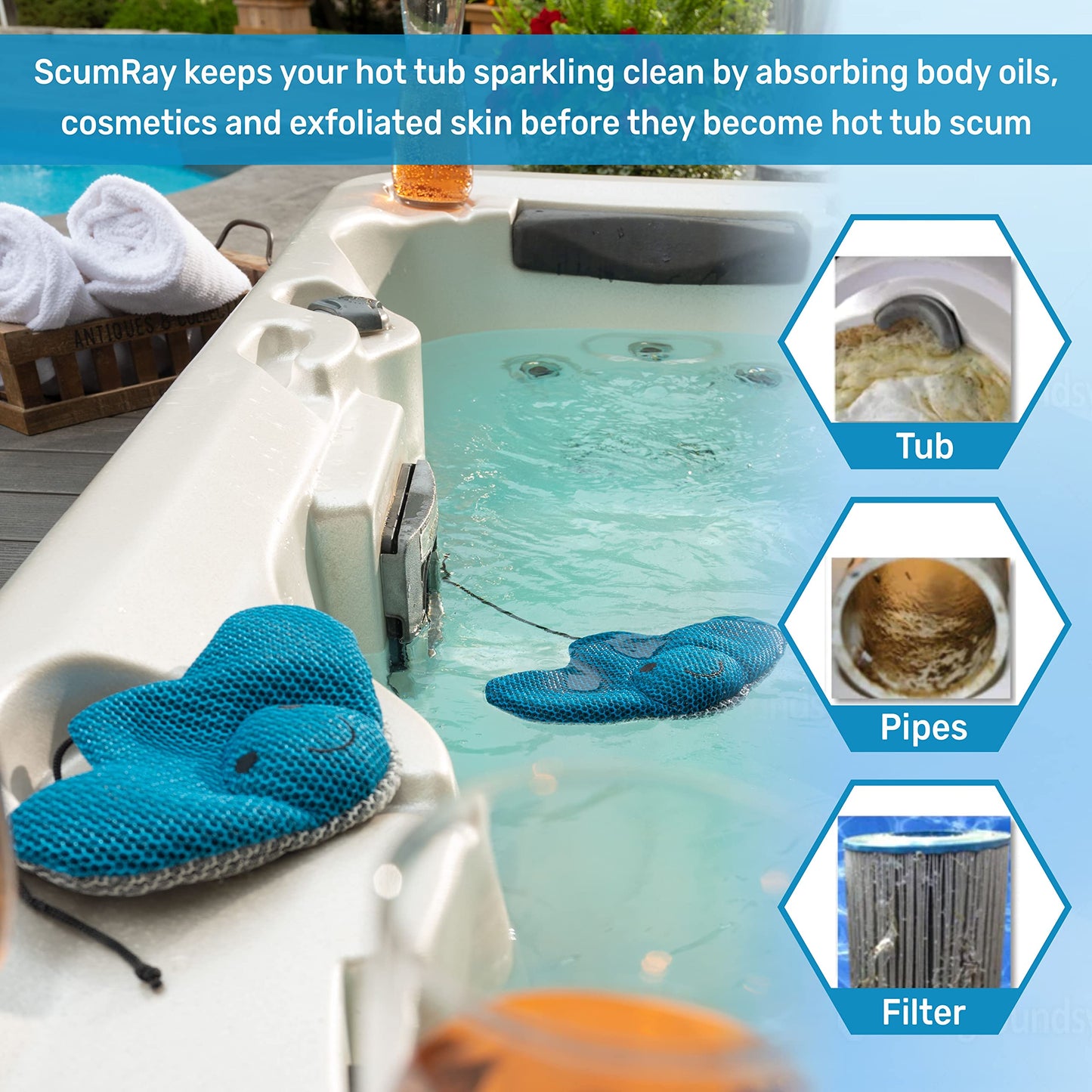 ScumRay Twin Pack Hot Tub Scum Absorber - Reusable Spa & Pool Cleaner, Keeps Water Clear, Essential Hot Tub Accessories for Adults, Hot Tub Sponge for
