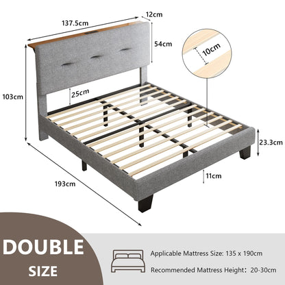 Feonase 4ft Double Bed Frame with Storage Linen Headboard, Upholstered Bedframe double bed with Charging Station, Sturdy Wooden Slat Support