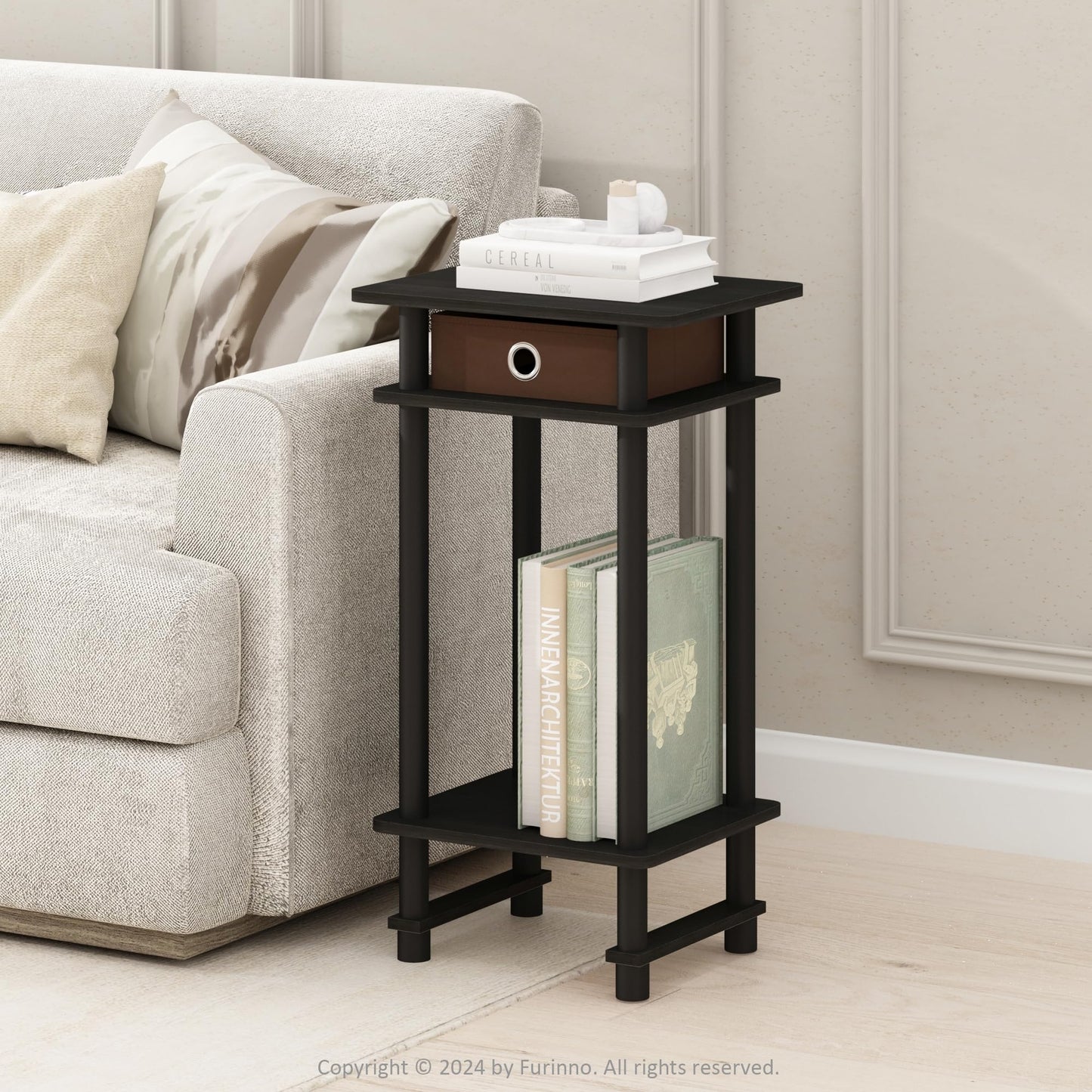 Furinno TURN-N-TUBE Side Table, 3-Tier End Table with Storage Bin, Open Shelf Night Stand, Bedside Table, Toolless Assembly, for Living Room, Bedroom