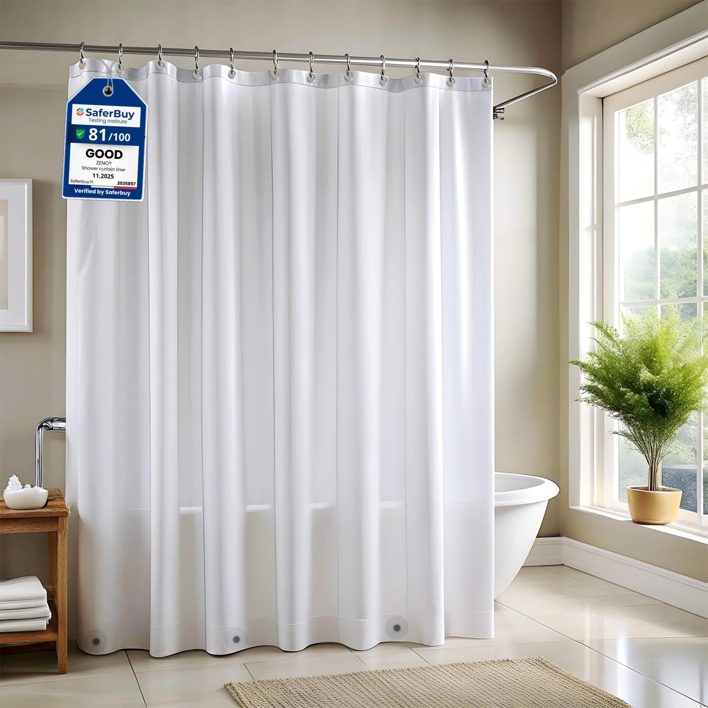 ZENO Frosted Shower Curtain Liner - 180 x 180 cm Size - Premium PEVA Shower Liner + Rustproof Grommets + 3 Magnets