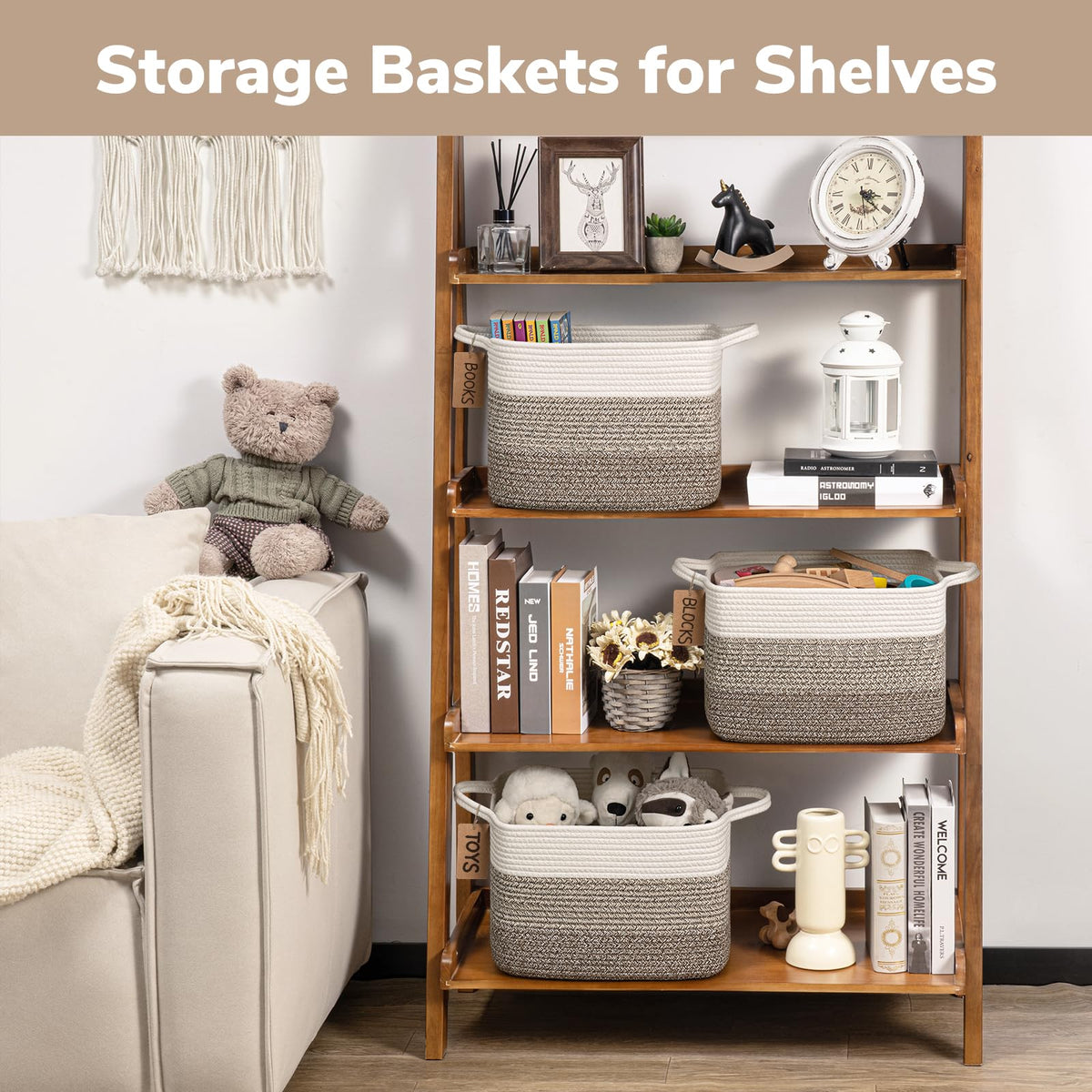 TIMEYARD 3 Pack Storage Baskets for Shelves Rope Woven Basket White Brown