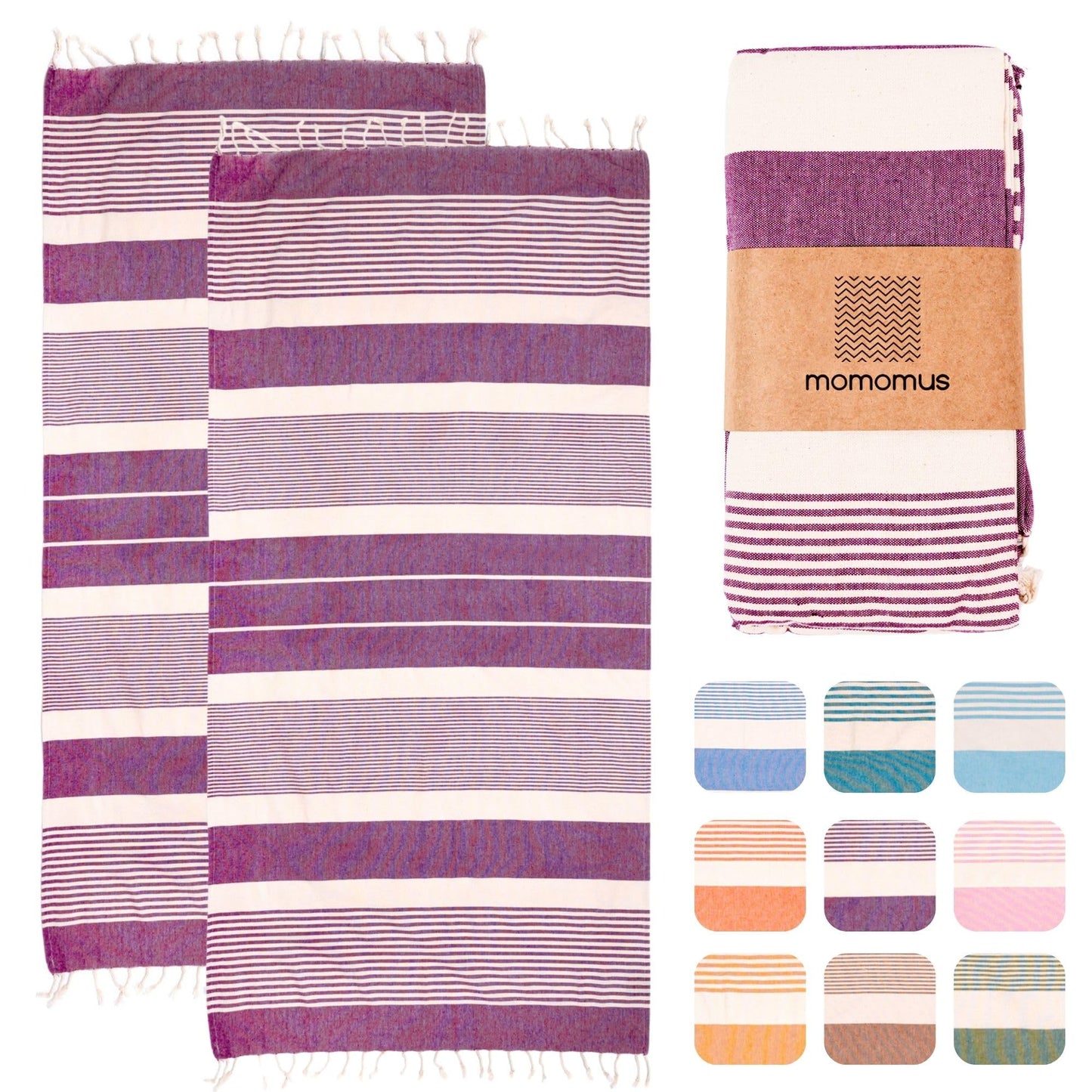 MOMOMUS 2 Pack XL Fouta or Cotton Beach Towels for Adults - Compact, Ultra-Soft, Absorbent - Extra Large Beach Towels for Adults - Violet 90x180cm