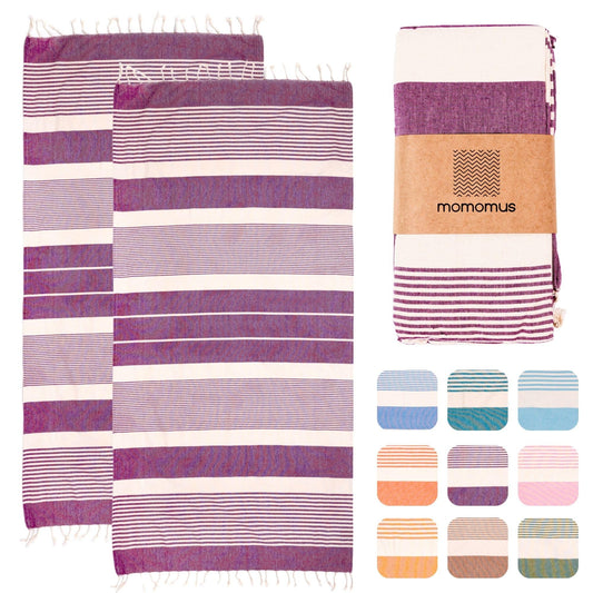 MOMOMUS 2 Pack XL Fouta or Cotton Beach Towels for Adults - Compact, Ultra-Soft, Absorbent - Extra Large Beach Towels for Adults - Violet 90x180cm