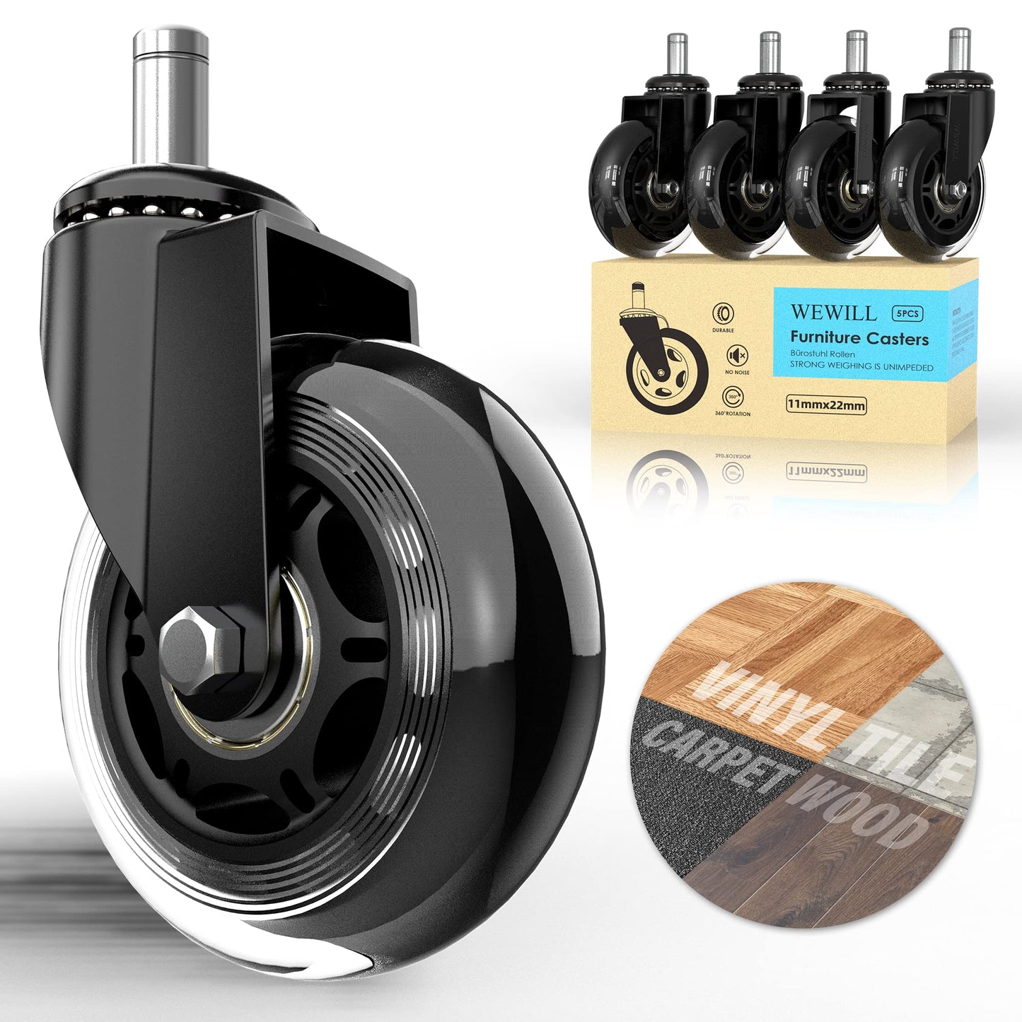 WEWILL Office Chair Wheels Caster 3" Rollerblade Rubber Replacement Castors up to 300KG for Hardwood Floors and Carpet - Universal Fit, Not for IKEA