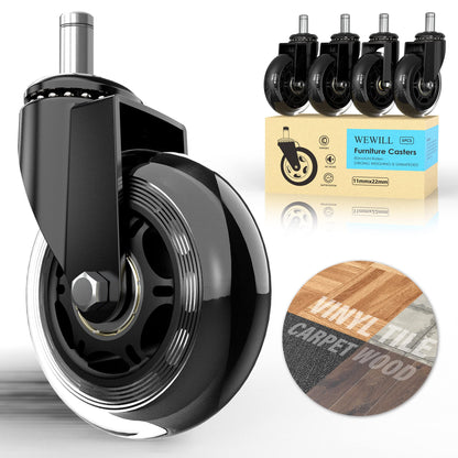 WEWILL Office Chair Wheels Caster 3" Rollerblade Rubber Replacement Castors up to 300KG for Hardwood Floors and Carpet - Universal Fit, Not for IKEA