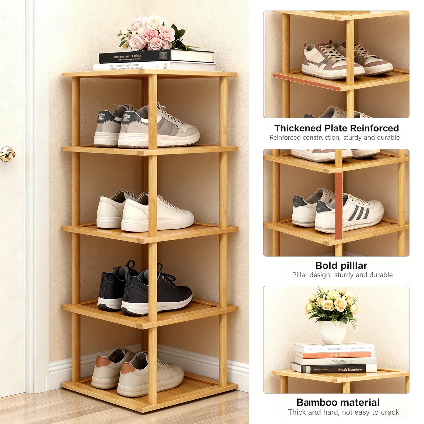 Aniston Bamboo Shoe Rack 5 Tier, Vertical Shoe Rack for Small Spaces, Free Standing Tall Narrow Shoe Organizer for Garage, Closet, Doorway, Corner