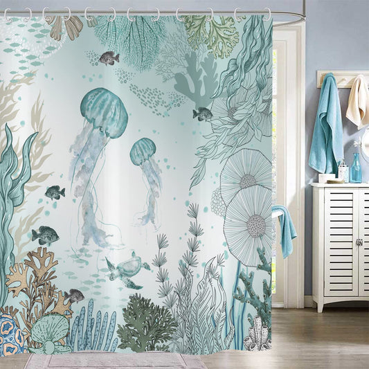Hnmdmyi Jellyfish Shower Curtain 180x200, Nautical Coastal Tropical Fish Coral Teal Ocean Themed Underwater Marine Life Bathroom Curtains Waterproof