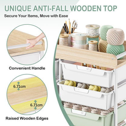 10 Drawers Rolling Cart with Wooden Tabletop, Utility Storage Cart with Wheels, Art Supply Craft Organizer on Wheel with Metal Frame & Handles for