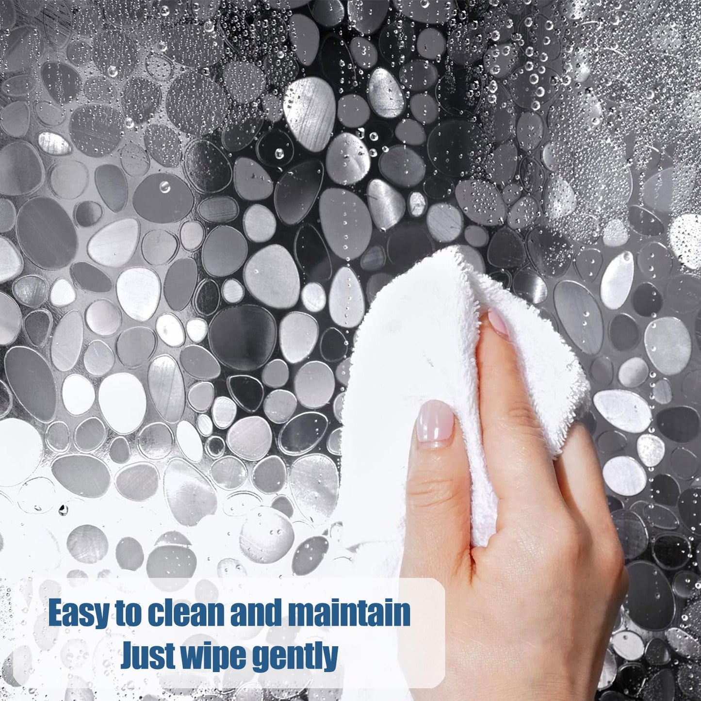QEEROYO 180 x 200 cm Transparent Anti-Mould Shower Curtain, Waterproof EVA Plastic, 3D Clear Pebble, 12 Hooks, Antibacterial, for Wet Room, Bathtub