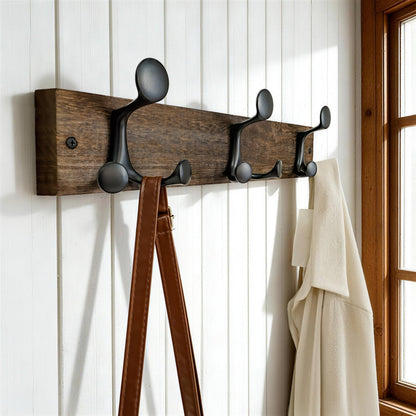 SKOLOO 43cm Wood Burnt Coat Rack Wall Mount with 3 Triple Hooks - Ideal for Family Entrances, Classrooms, and Pet Supplies Storage