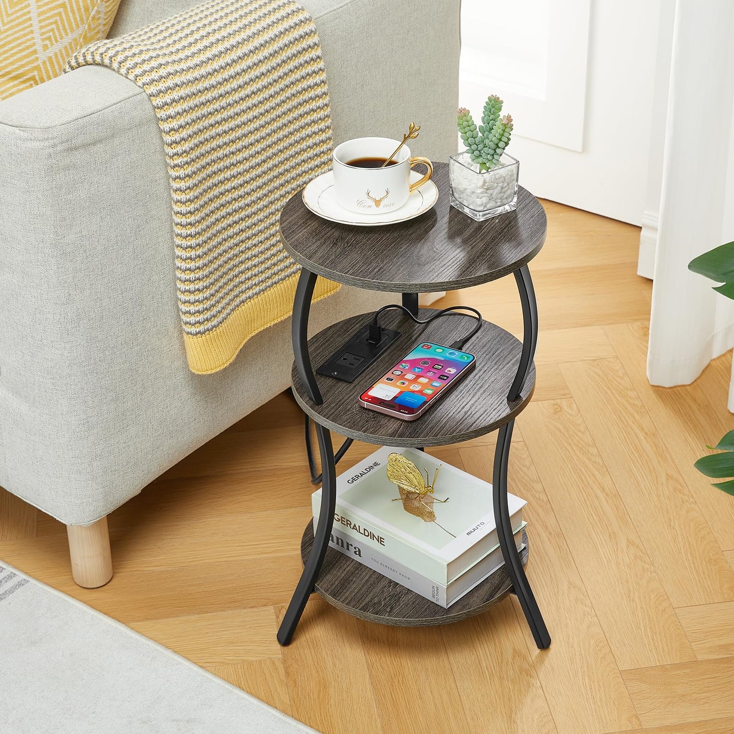 YEAKOO Bedside Table with Charging Station & 4 Sockets, Vintage Round 3-Tier End Table with USB Ports & UK Plugs