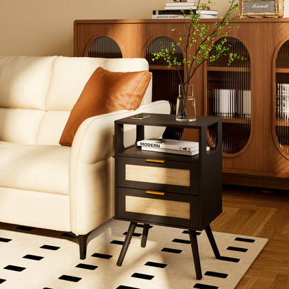 JERX Rattan Bedside Table, Farmhouse Nightstand with 2 Storage Drawer and Open Wood Shelf, for Living Room, Bedroom and Small Spaces