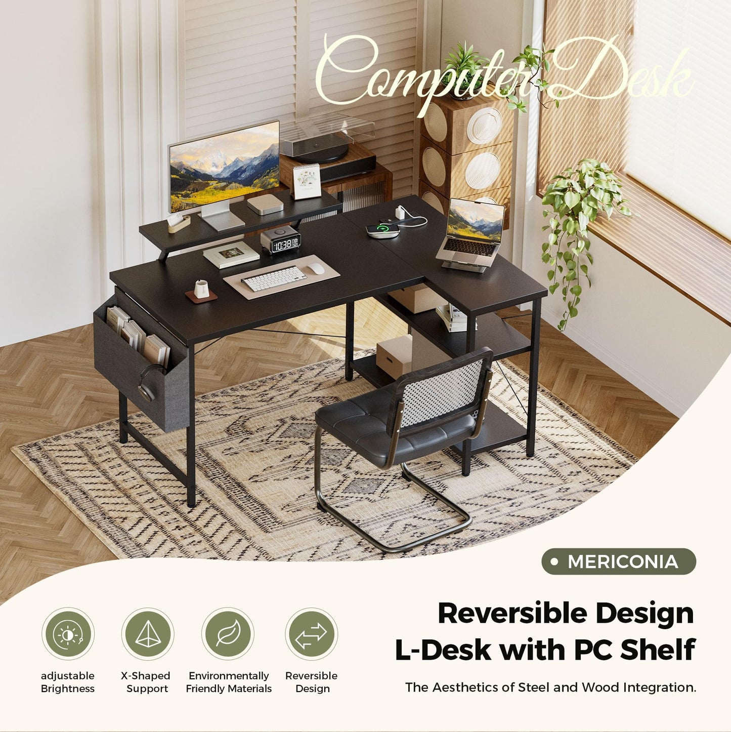 Mericonia Corner Desk, w. Monitorstand & Built-in Socket, 140x70cm, Black