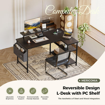 Mericonia Corner Desk, w. Monitorstand & Built-in Socket, 140x70cm, Black