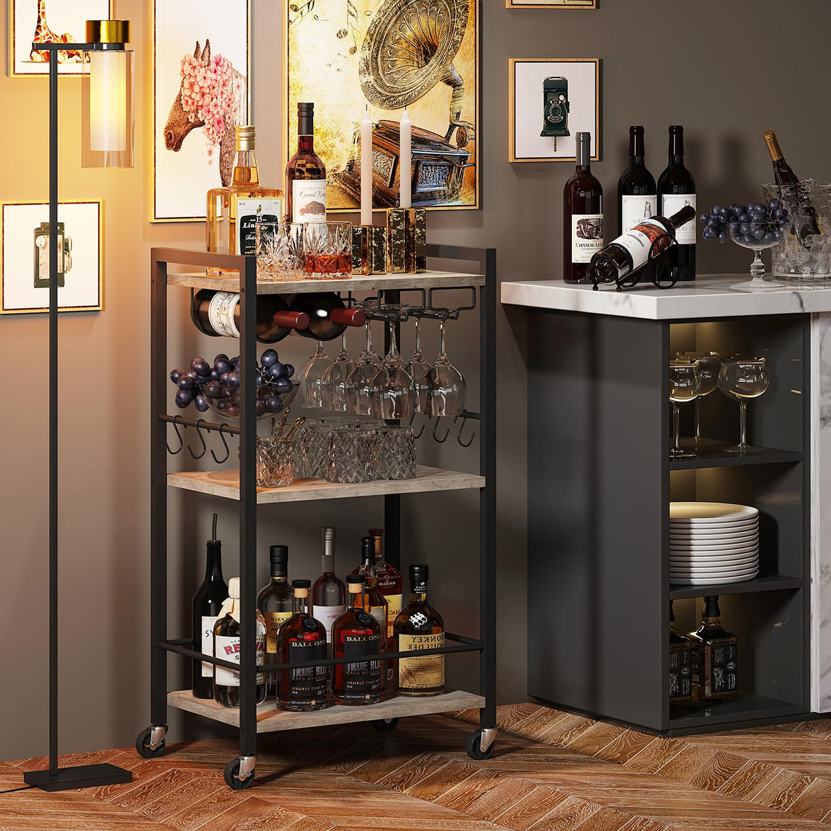 TUTOTAK Drinks Trolley, Bar Cart with 3-Tier Shelf, Serving Trolley with Wine Rack, Glass Holder, Rolling bar cart for The Home, Living Room