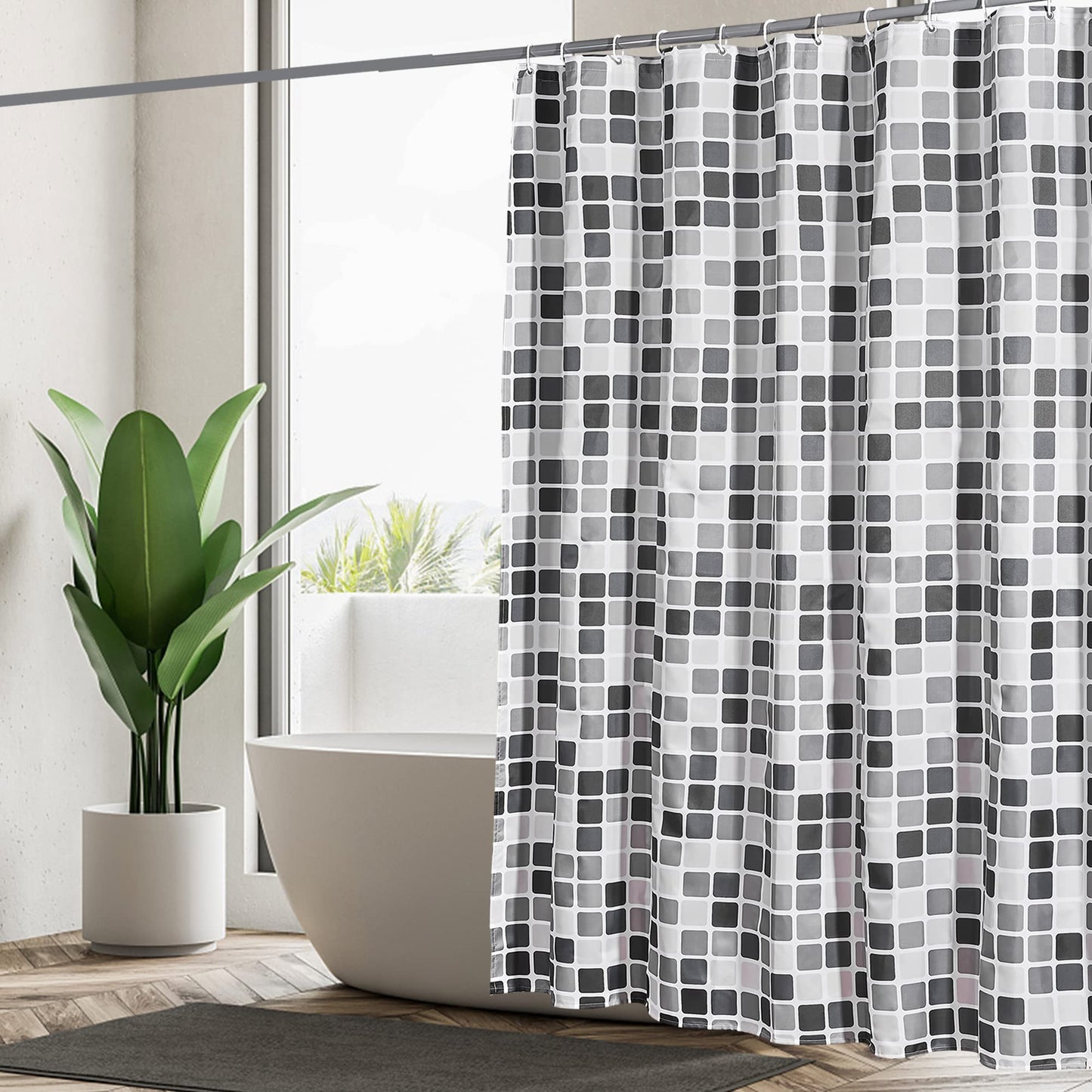 GERUIKE Weighted Shower Curtain 180 x 180 cm, Waterproof Anti-Mould Textile 130GSM Polyester Fabric, Machine Washable with 12 Rings & Black Grey White