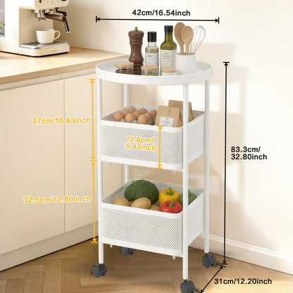 PLSOPPKG 3 Tier Rolling Cart, Metal Utility Storage Carts with Wheels, Craft Cart Organizer, Mesh Basket for Bedside Kitchen Office Art, Milky White