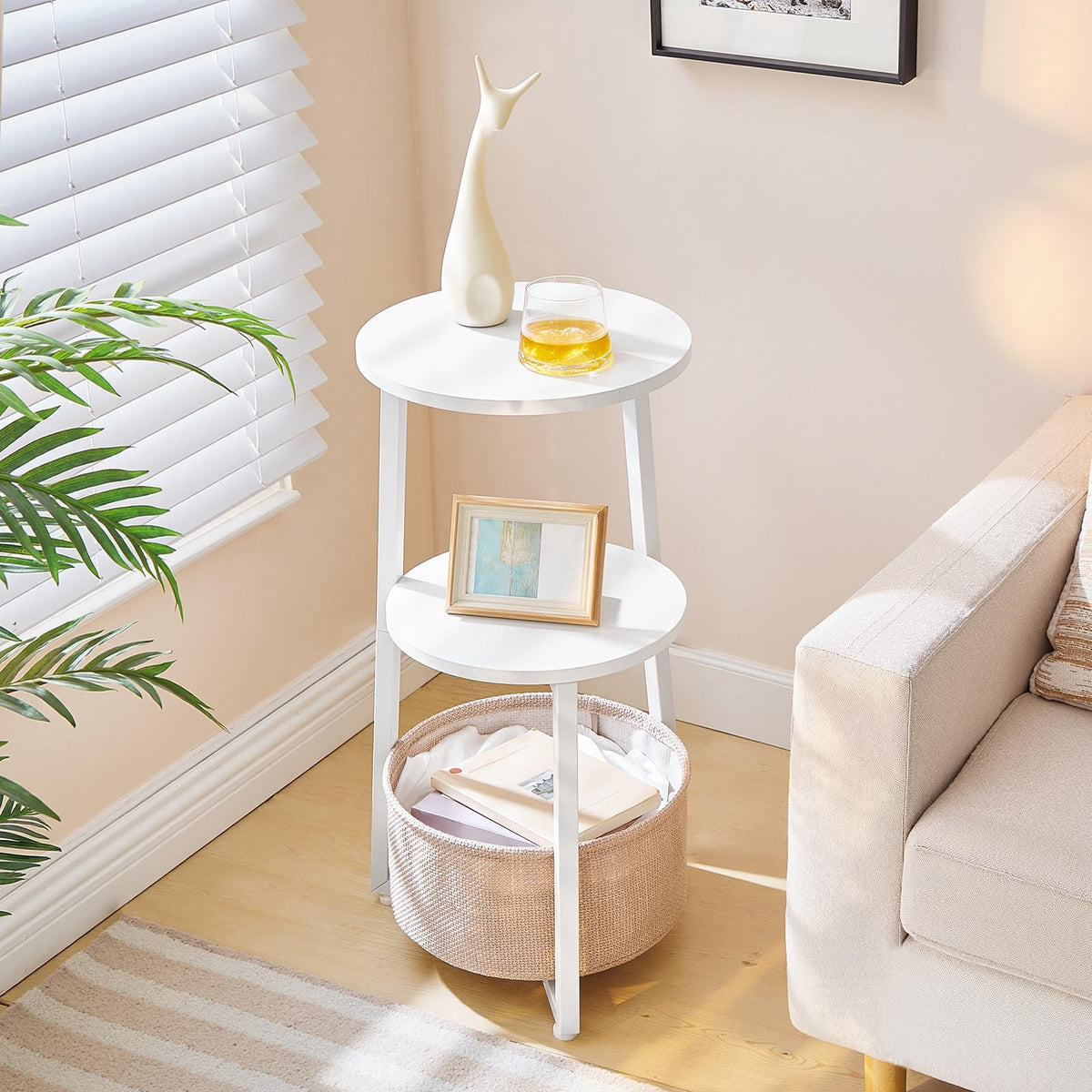 HOOBRO Round Side Table, 3 Tier Bedside Table with Storage Shelves, Accent Small Corner Table Compact Sofa Side Tables for Small Space in Living Room
